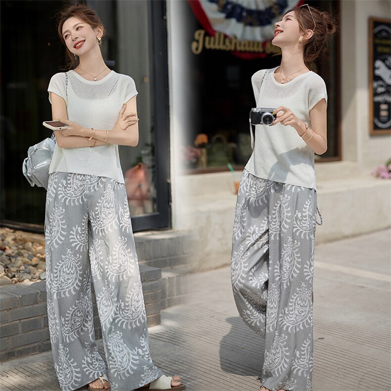 时尚松弛感背心套装女2025夏季新款无袖针织T恤印花阔腿裤两件套，女装套装/套裙，意芙