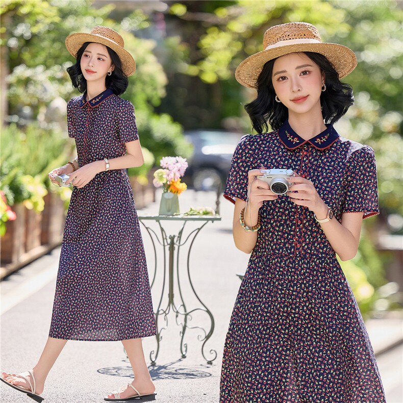 田园风碎花刺绣连衣裙女春夏收腰显瘦中长裙（细节图颜色为准）,女装连衣裙,水衣源
