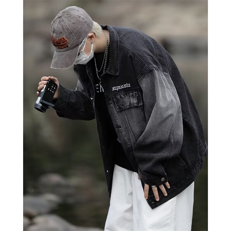 美式复古渐变牛仔外套男春秋季高街潮牌夹克宽松衣服W6613-P64,男装工装外套,星座412-3