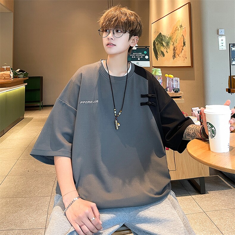 杏色新中式男装中国风短袖t恤男款情侣设计感重磅盘扣夏季7七分袖,男装T恤,电商A001-1