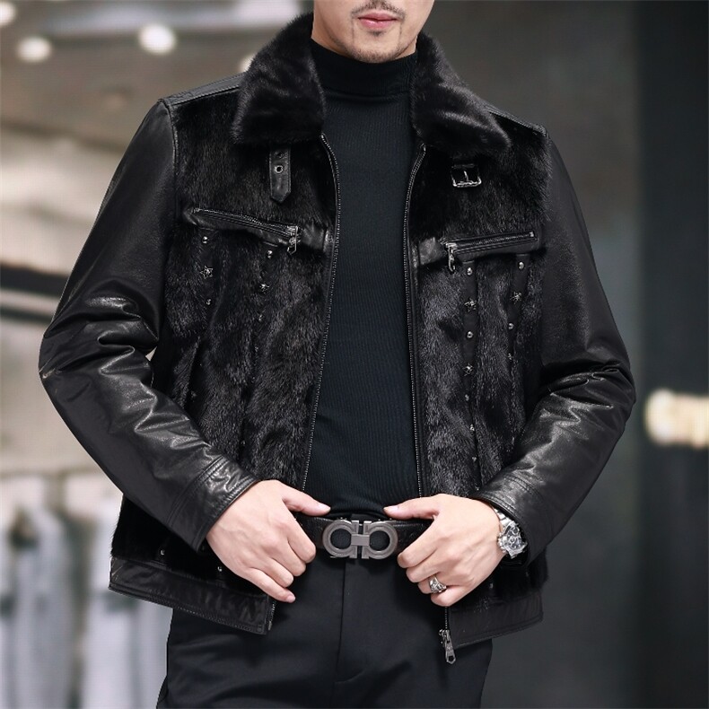 BIJ2503冬季新款海宁真皮羽绒服男夹克翻领时尚男装机车油蜡皮衣,男装夹克,电商B360