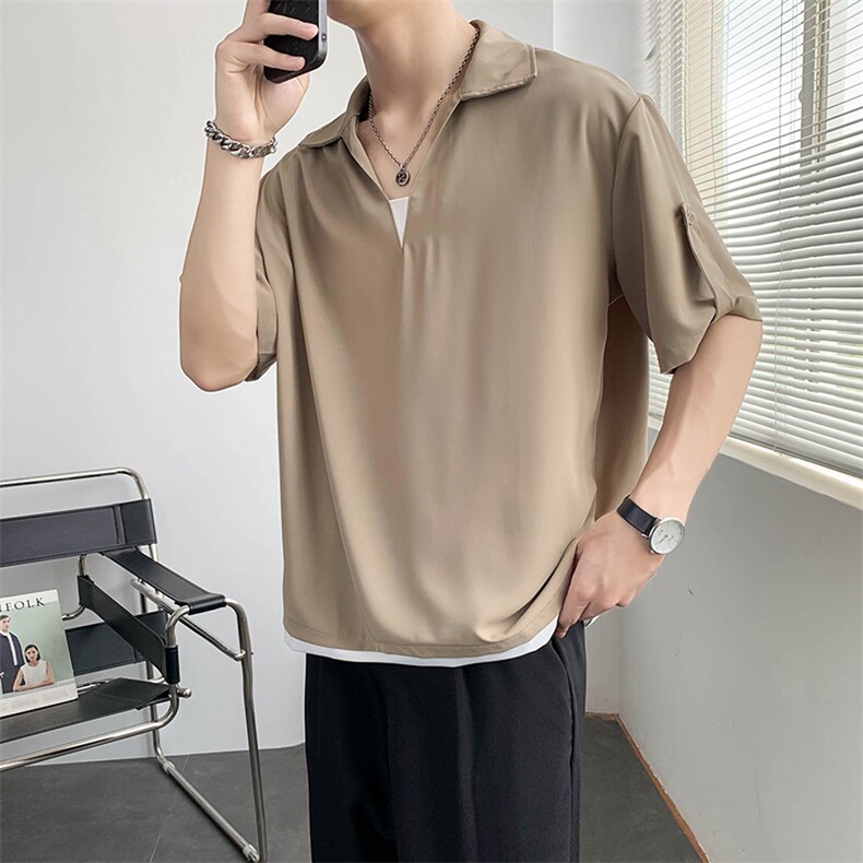 夏季新款冰丝面料套头中袖衬衫五分袖纯色拼接上衣A328-2231-P50,男装衬衫,星座406