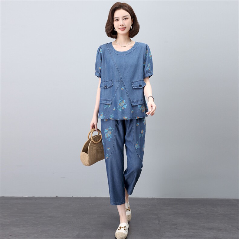 2024年夏季新款潮韩版时尚牛仔套装女休闲百搭减龄两件套装裤子女,女装套装/套裙,简韵佳