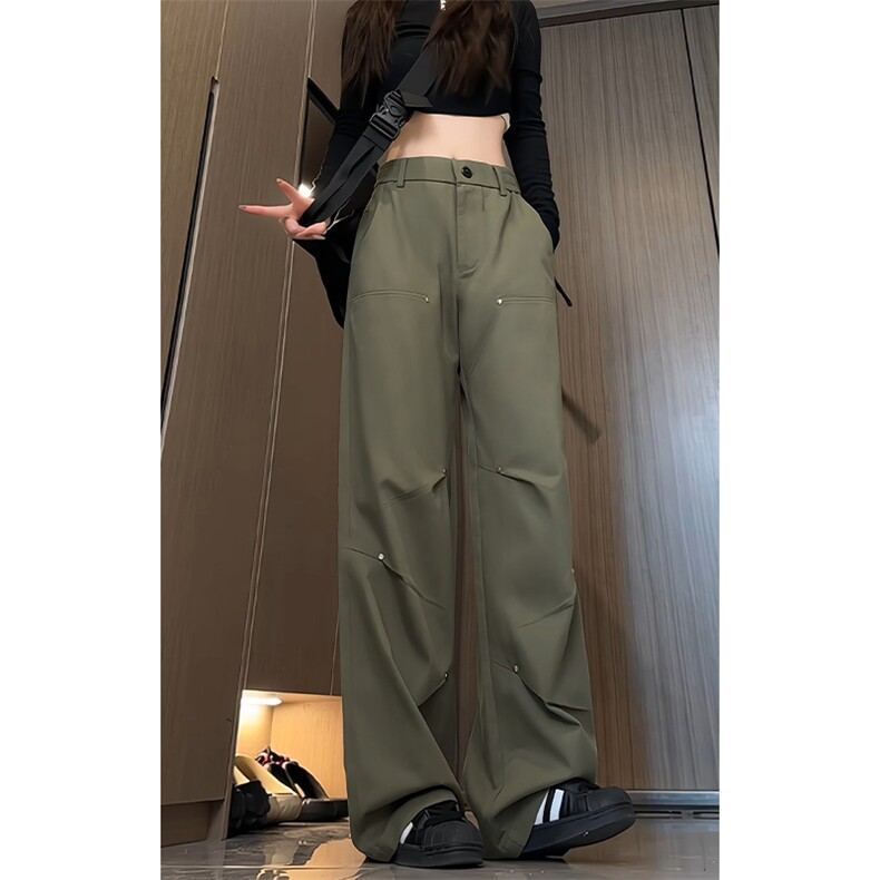 秋季做旧铆钉褶皱设计男宽松纯棉直筒伐木工装裤K5912-特P48控88，男装工装外套，电商A001