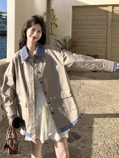 韩系格子拼接卡其色翻领衬衫外套女2026春秋新款宽松休闲工装夹克，女装短外套，艾米莉亚