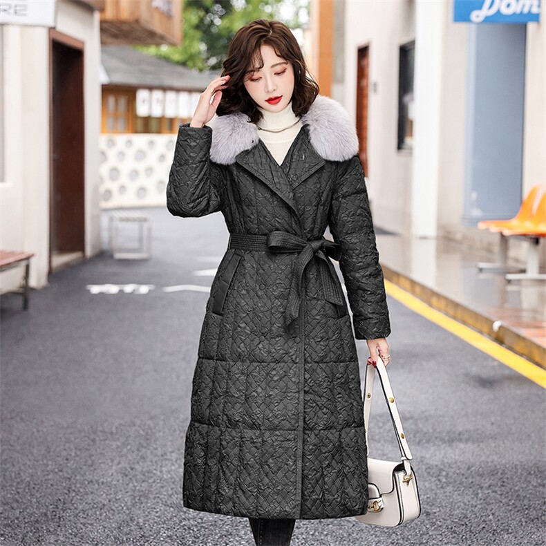 羽绒服新款2023年女装腰间腰带修身可脱卸真狐狸毛毛领长款90白图片