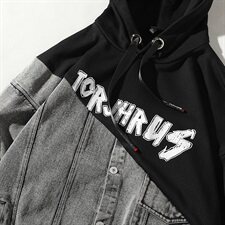 709-JK60-P11520秋款港风白底牛仔拼接印花帽衫潮牌夹克外套男，男装夹克，星座709