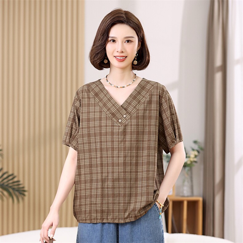 V领垂感天丝衬衫2025新款女士冰丝短袖复古格子衬衣中年妈妈上衣,女装衬衫,叶笙衣