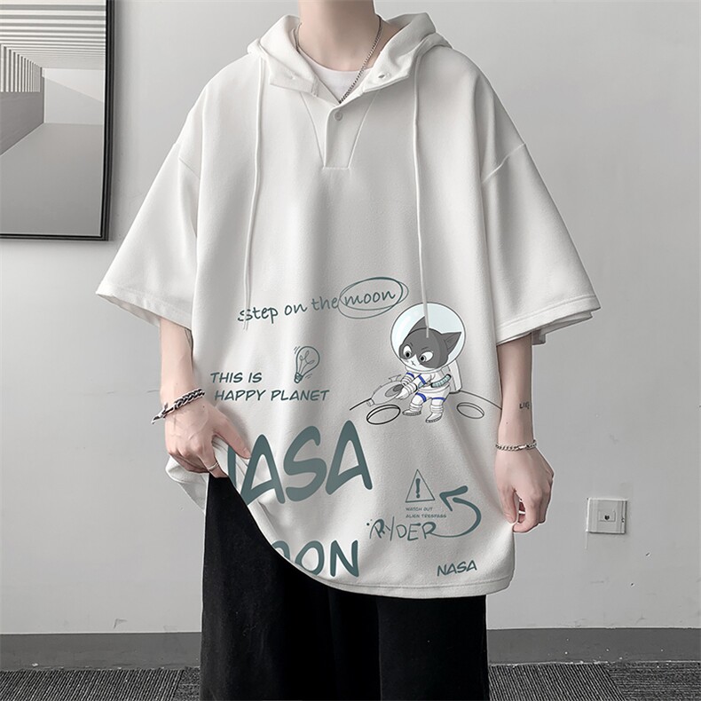 LD54187-P45NASA联名同款连帽短袖t恤男大码胖子带帽五分袖大皂风图片