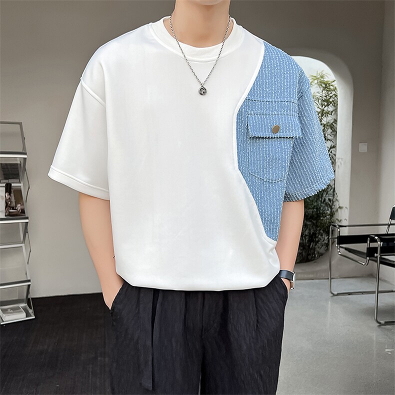 美式纯棉重磅短袖t恤男圆领宽松男士纯白撞色打底衫2025新夏款，男装T恤，电商A011（原4039）