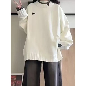 网图有货 秋冬慵懒风圆领白色针织假两件长袖毛衣男女 A1282-P50图片