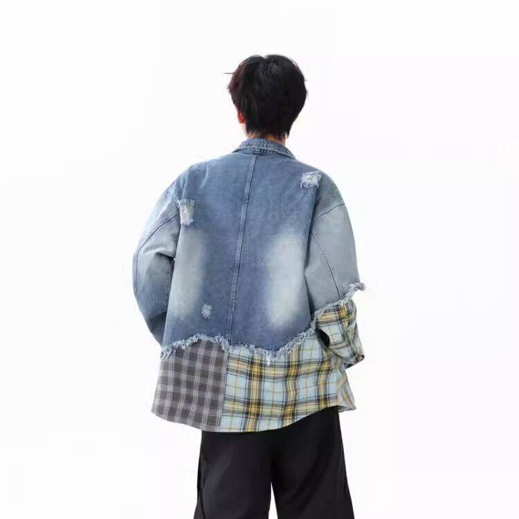 小众格子拼接牛仔外套男秋季美式复古破洞做旧夹克街头风工装上衣,男装工装外套,星座302B