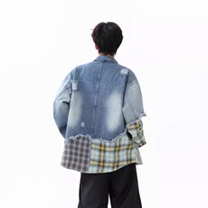 小众格子拼接牛仔外套男秋季美式复古破洞做旧夹克街头风工装上衣，男装工装外套，星座302B