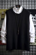 网格纯色圆领针织背心男秋季百搭黑色马甲外套A090-MJ23P40限58，男装背心/马甲，电商A089-1