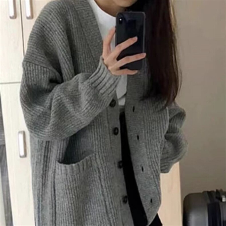 秋冬季羊毛休闲百搭时尚带兜复古通勤中款开衫图片