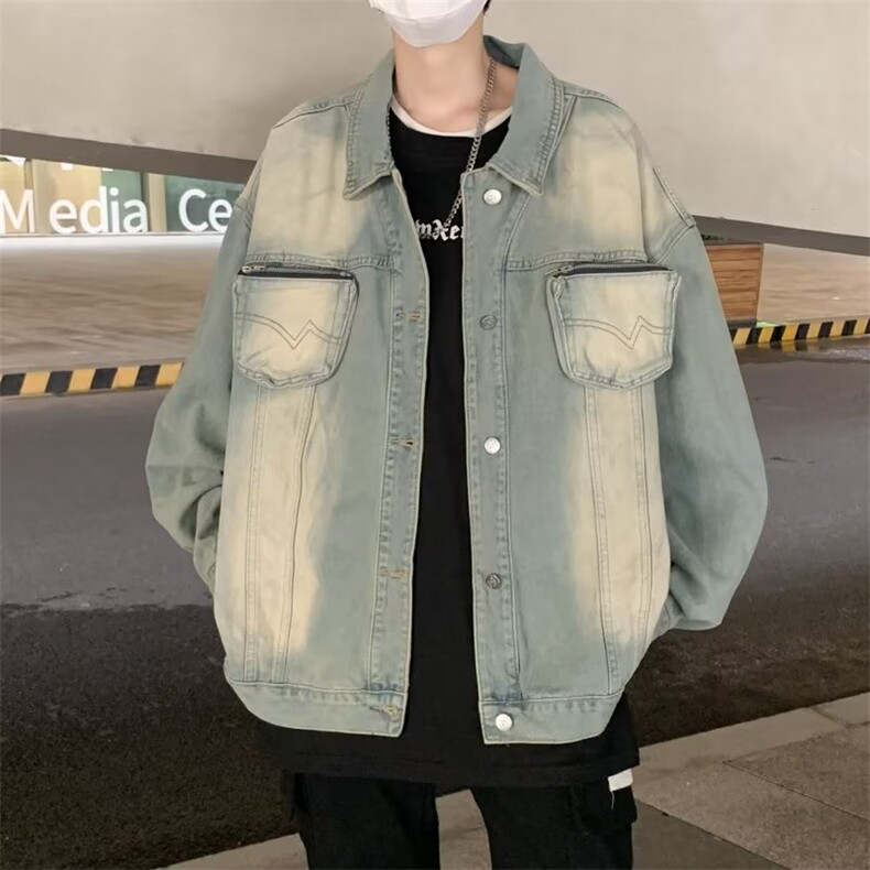 美式复古水洗扎染牛仔外套女秋季新款潮牌翻领夹克J2115P65,男装夹克,星座1116-2