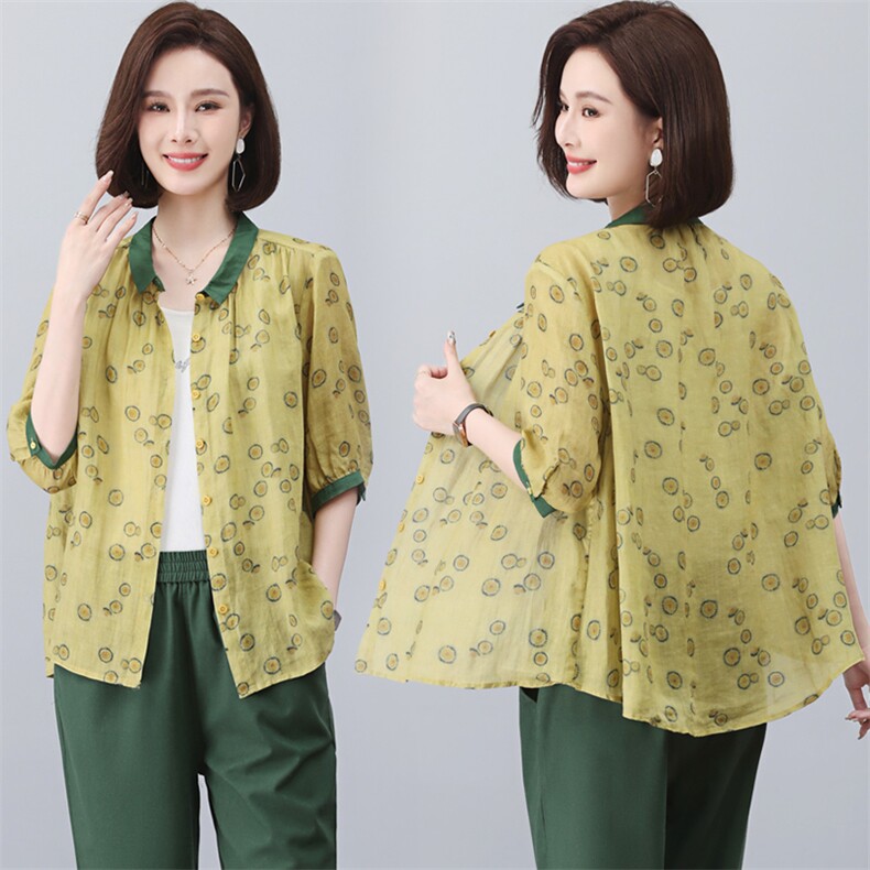 （新款）三年不下架2024年纯100%苎麻花衬衫拼接领短中袖女中老年，女装衬衫，璐依舞