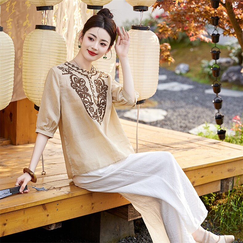 亚麻休闲套装女复古两件套高端苎麻刺绣上衣2024新款夏装棉麻短袖,女装套装/套裙,衣之秀