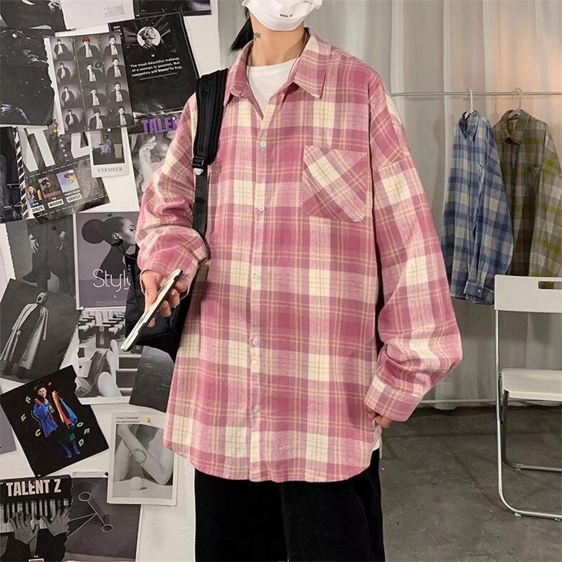 C203-P30港风格子长袖衬衫男春秋季宽松休闲薄款百搭外套,男装衬衫,电商B323A