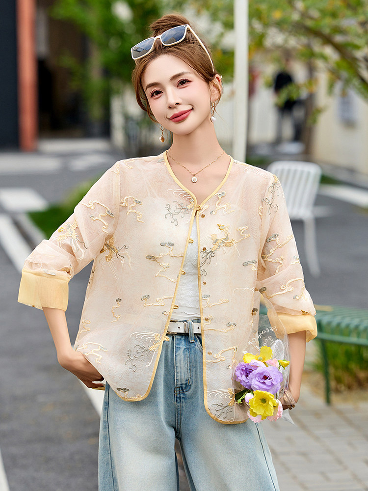 重工刺绣欧根纱薄款外套女2025春夏新款独特漂亮新中式防晒衣上衣,女装防晒衣,布芭啦