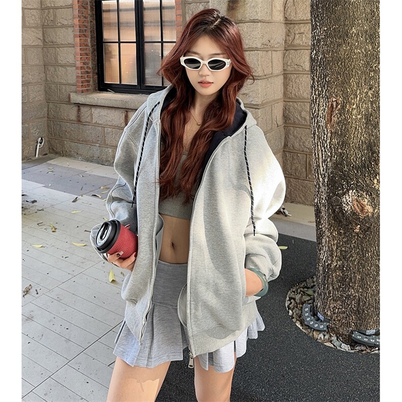 抖音得物二开美式高街重磅结构双层撞色连帽卫衣开衫外套W116，女装短外套，电商A486-1