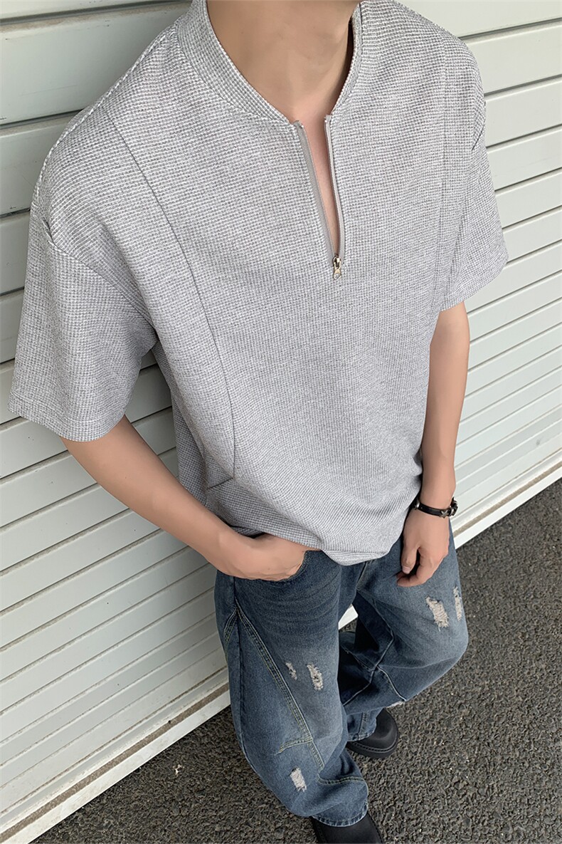 华夫格半拉链短袖T恤男夏季潮牌美式解构cleanfit宽松内搭打底衫,男装T恤,电商A233-1