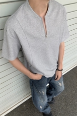 华夫格半拉链短袖T恤男夏季潮牌美式解构cleanfit宽松内搭打底衫，男装T恤，电商A233-1