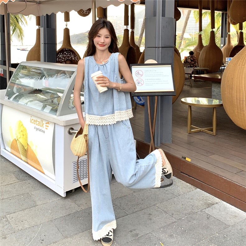 盐甜系穿搭无袖薄款牛仔上衣套装女夏新款休闲舒适阔腿长裤两件套图片
