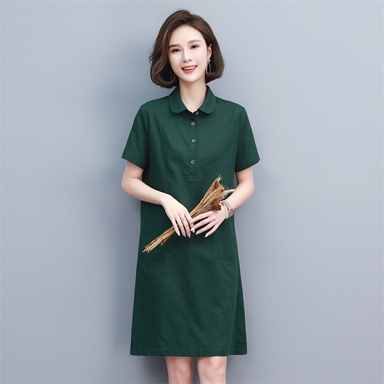 棉麻连衣裙女夏季2024新款中年妈妈宽松遮肚显瘦小个子亚麻衬衫裙,商品下架区,韩派