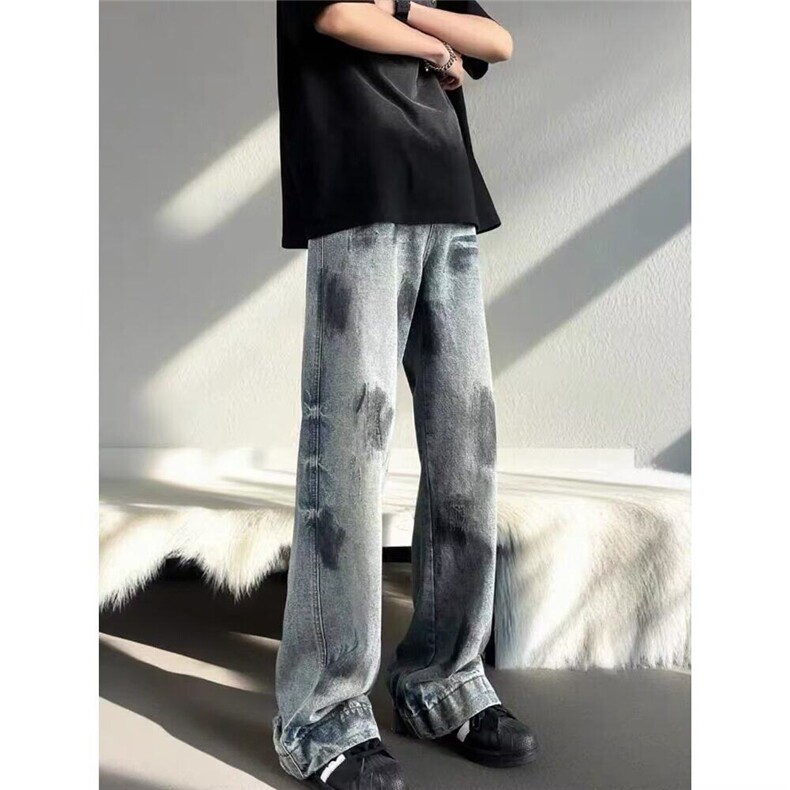 复古擦脏设计做旧直筒牛仔裤男女高街显瘦破洞毛边阔腿垂坠感裤子,男装牛仔裤,星座506A