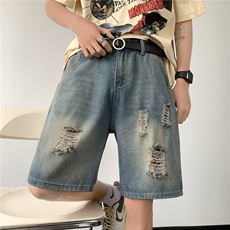 2025夏季中裤破洞牛仔短裤男宽松乞丐五分裤DK881，男装牛仔裤，星座1108-1