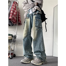 美式复古破洞工装水洗牛仔裤子男潮牌直筒宽松阔腿长裤NK270-p55，男装牛仔裤，星座1008
