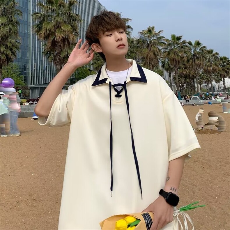 POLO衫男韩版潮流拼色个性高街帅气2023夏季ins宽松外套WB084-P34,男装Polo衫,星座412-3