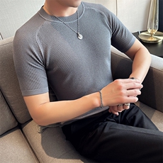 2024夏季新款凉感冰丝透气短袖圆领修身针织衫T恤男M17-p55，男装针织衫/毛衣，电商D303