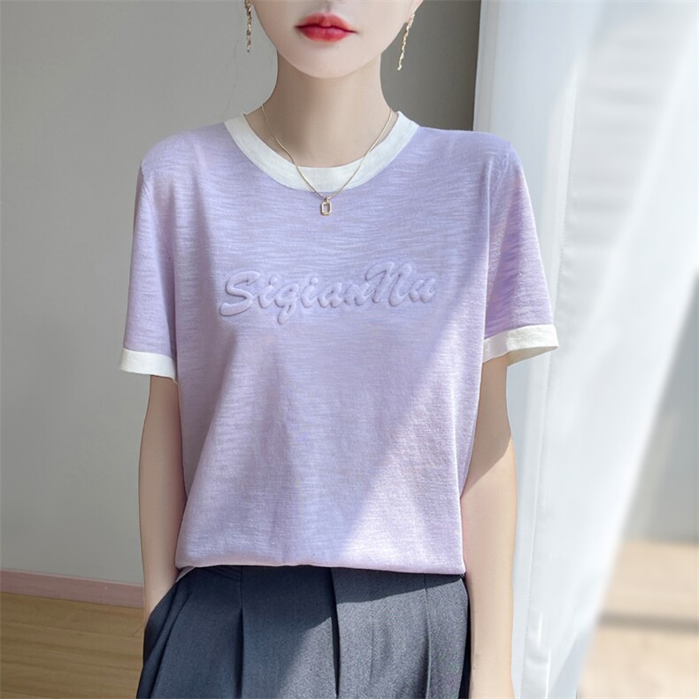 夏季新款竹节麻拼色圆领立体字母短袖女修身显瘦百搭时尚休闲上衣,女装T恤,暖娇绒包芯纱店