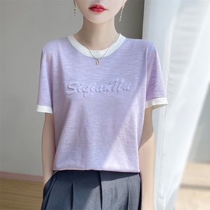 夏季新款竹节麻拼色圆领立体字母短袖女修身显瘦百搭时尚休闲上衣图片