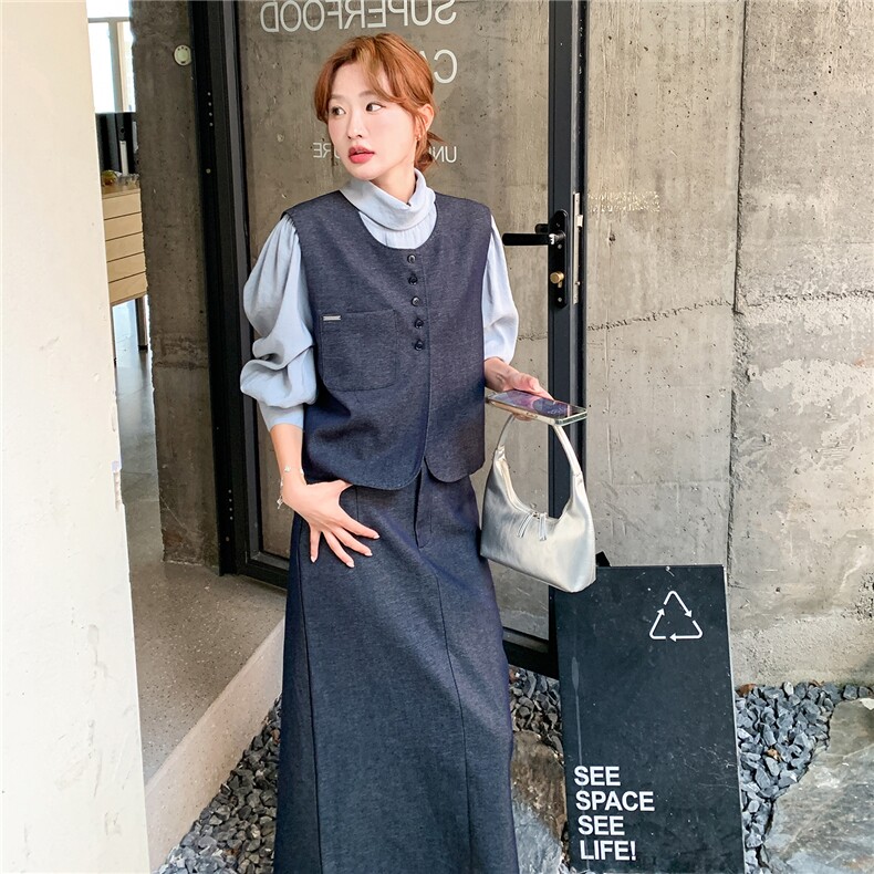 深蓝色马甲套装裙女2025秋季新款显瘦轻熟风长袖衬衫半身裙三件套,女装套装/套裙,2D035