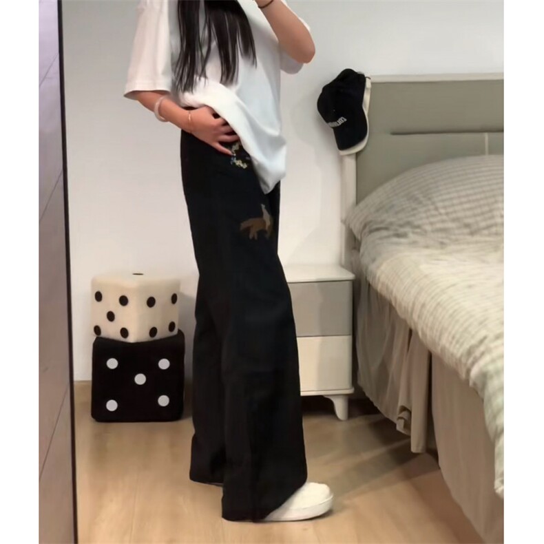美式高街花朵印花刺绣牛仔裤男女春秋设计感弯刀裤重磅痞帅直筒裤,男装牛仔裤,星座601-1