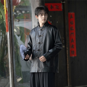 新中式潮PU皮手工擦皮工艺风立领大码宽松盘扣唐装外套JK203图片