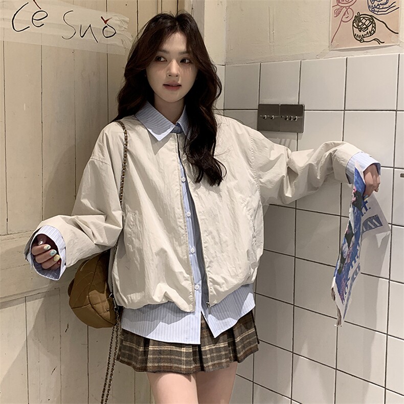 假两件条纹翻领拼接白色外套女春季2025新款韩版百搭工装夹克上衣,女装短外套,辉之琳