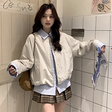 假两件条纹翻领拼接白色外套女春季2025新款韩版百搭工装夹克上衣，女装短外套，辉之琳