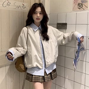 假两件条纹翻领拼接白色外套女春季2025新款韩版百搭工装夹克上衣图片
