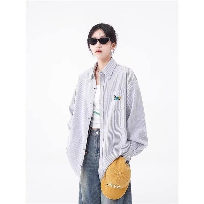 美式腊肠刺绣衬衫男2025宽松巴恩风情侣衬衫长袖外套ins314P45,男装衬衫,电商D256-2(原A064-2)