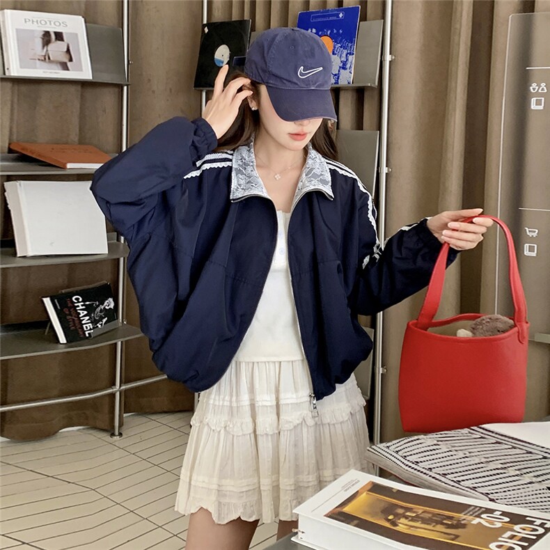 蕾丝拼接蓝色工装外套女春季2025今年流行韩系休闲宽松小个子上衣,女装短外套,2C323