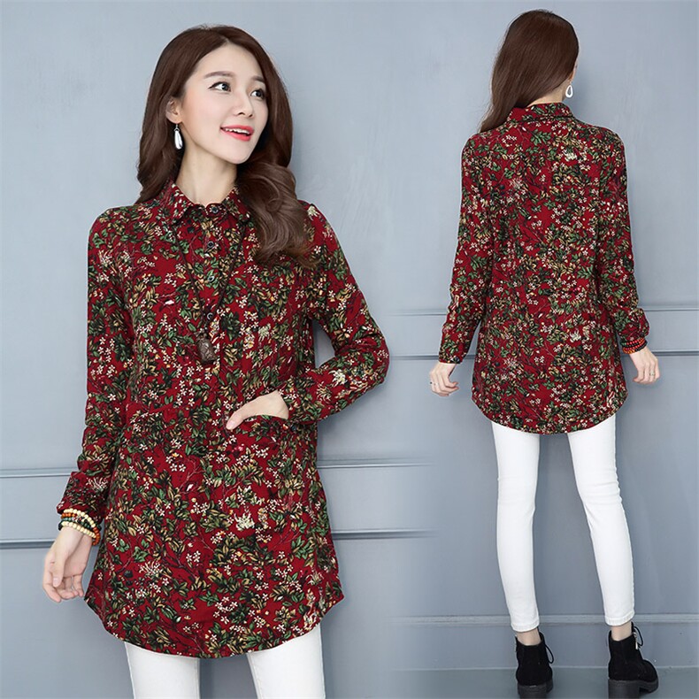 2025年冬季长袖直筒排多扣时尚百搭碎花加绒套头衬衫，女装衬衫，风姿绰