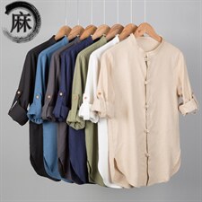 风棉麻大码衬衣男士休闲衬衫长袖立领复古盘扣男装M107-P50，男装衬衫，钱塘788(原4013)
