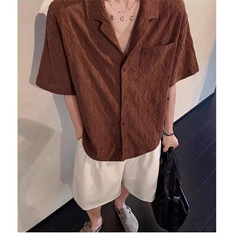 咖色镂空提花衬衫男夏季潮牌雅痞高级感古巴领衬衣t恤vintage半袖,男装T恤,星座506A