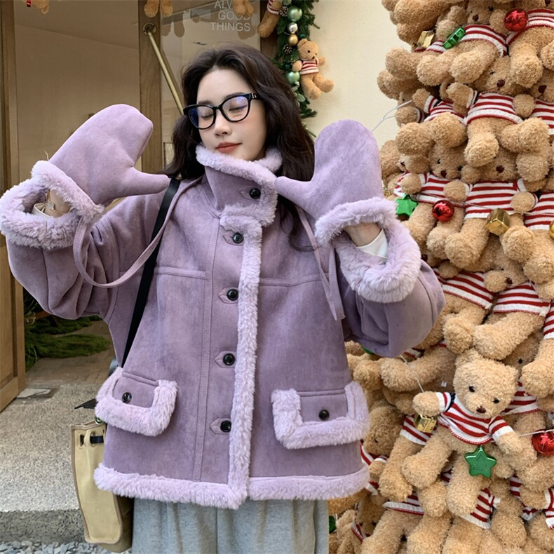 现货加厚麂皮绒皮毛一体附带手套2C229-81218-P229-K418,女装短外套,2C229