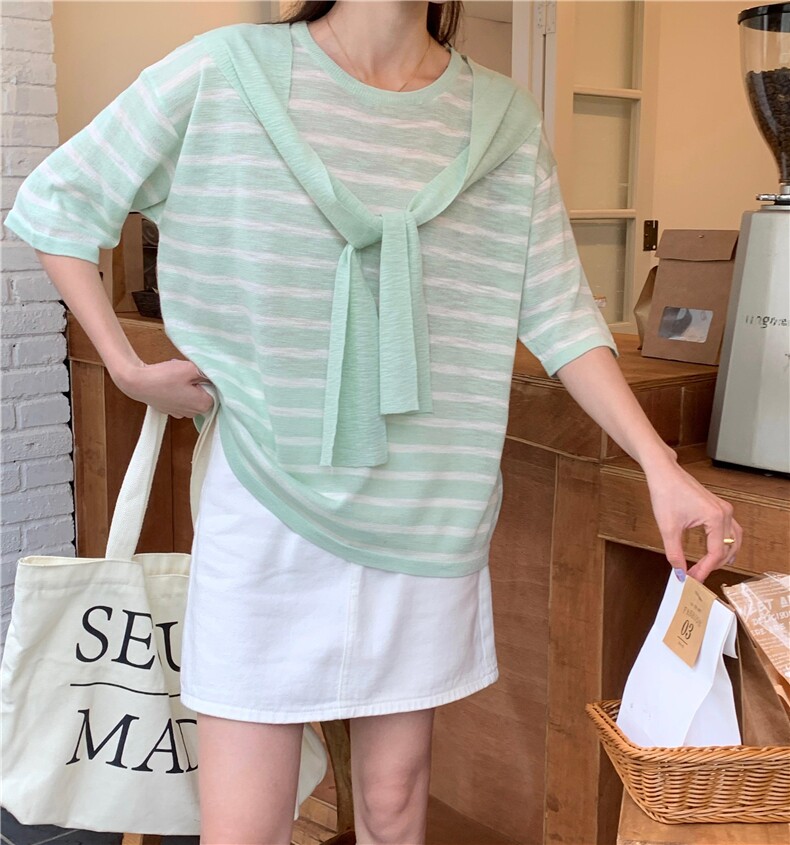 夏季新款简约条纹短袖针织衫女宽松休闲上衣图片