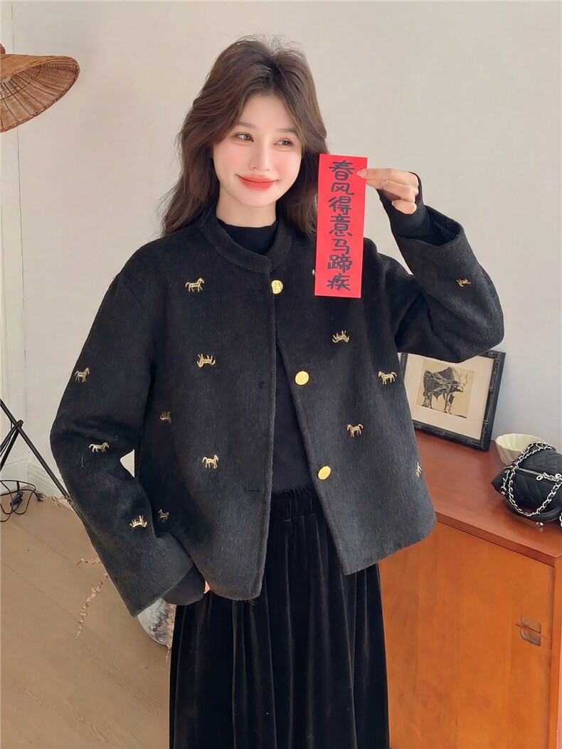现货主推新款重工刺绣马到成功马年货双面羊毛呢外套p215-k328,女装毛呢外套,SL